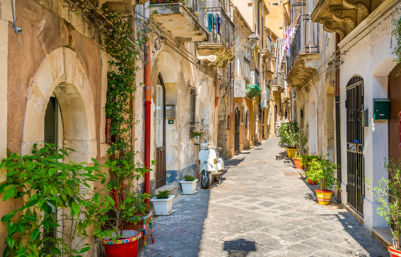 Picturesque street in Ortigia, Siracusa old town, Sicily, southern Italy.