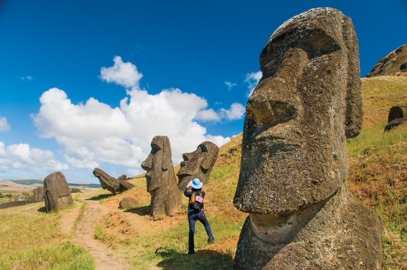 Great stone heads on the slopes of Ranu Raraku, which was the quarry for all the carved heads, or moai,i on Easter Island, Chile