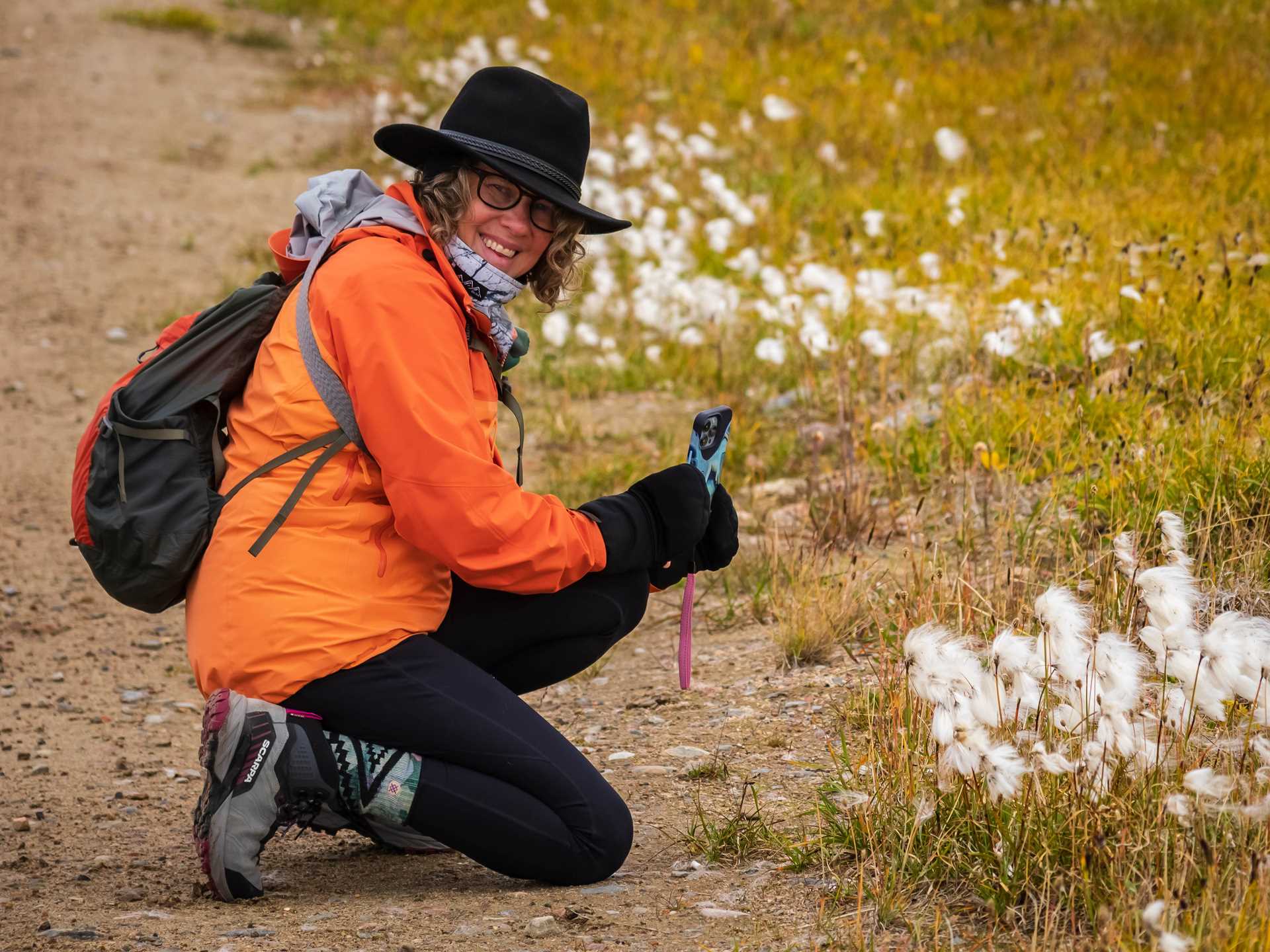 A guest photographs the arctic flowers with a iphone in Pond Inlet, Nunavut, Canada