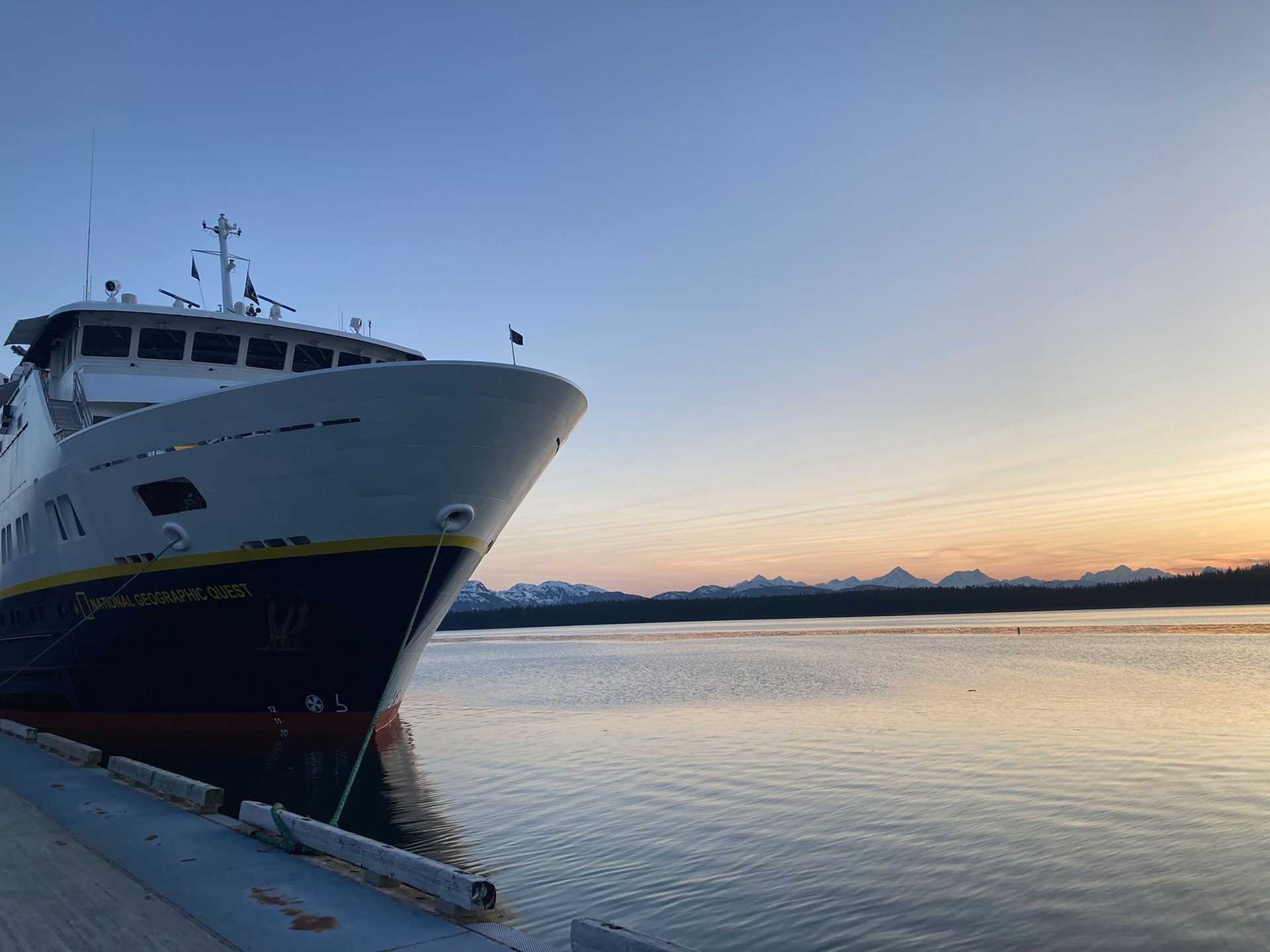 national geographic quest ship at sunset