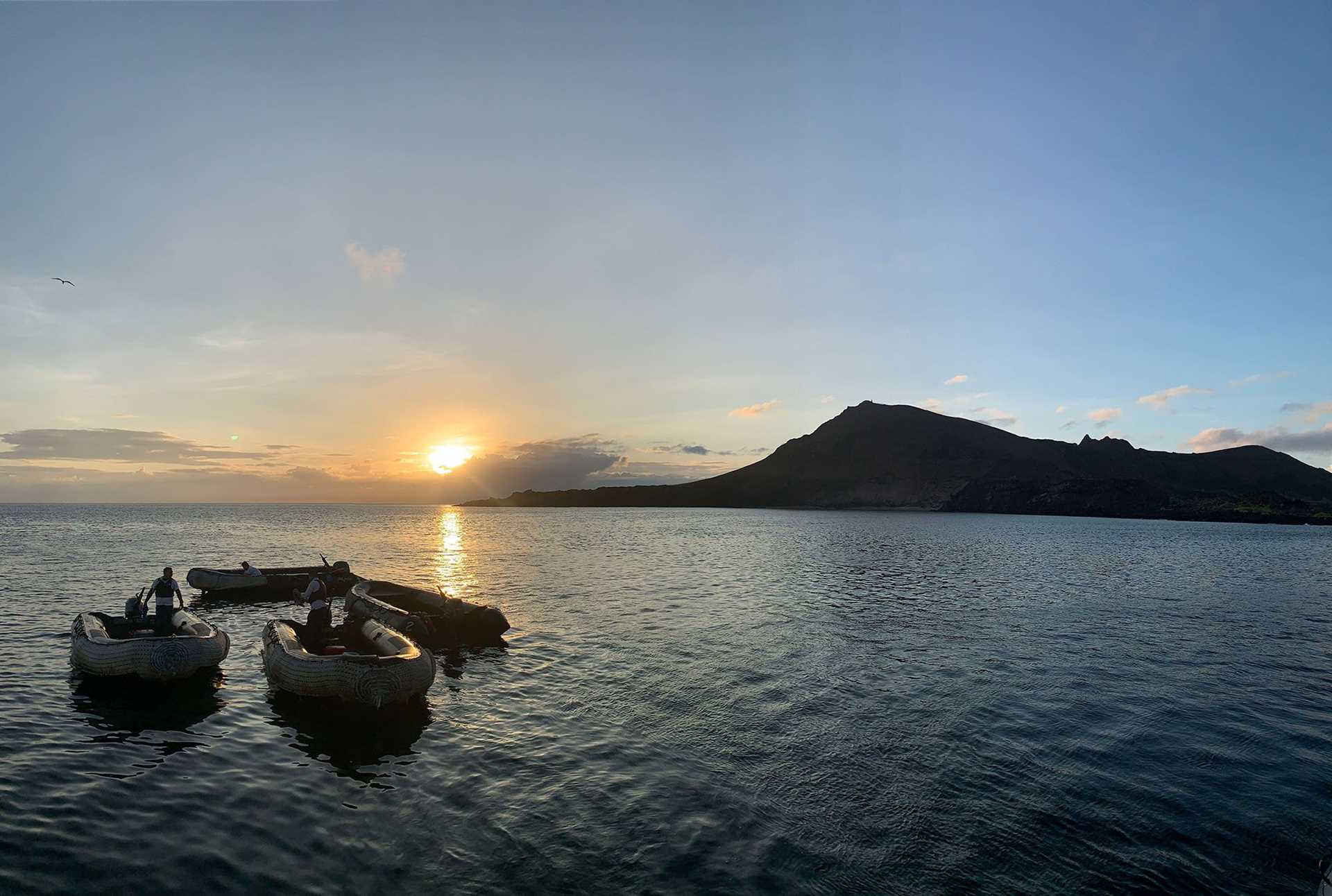 zodiacs in the water at sunrise