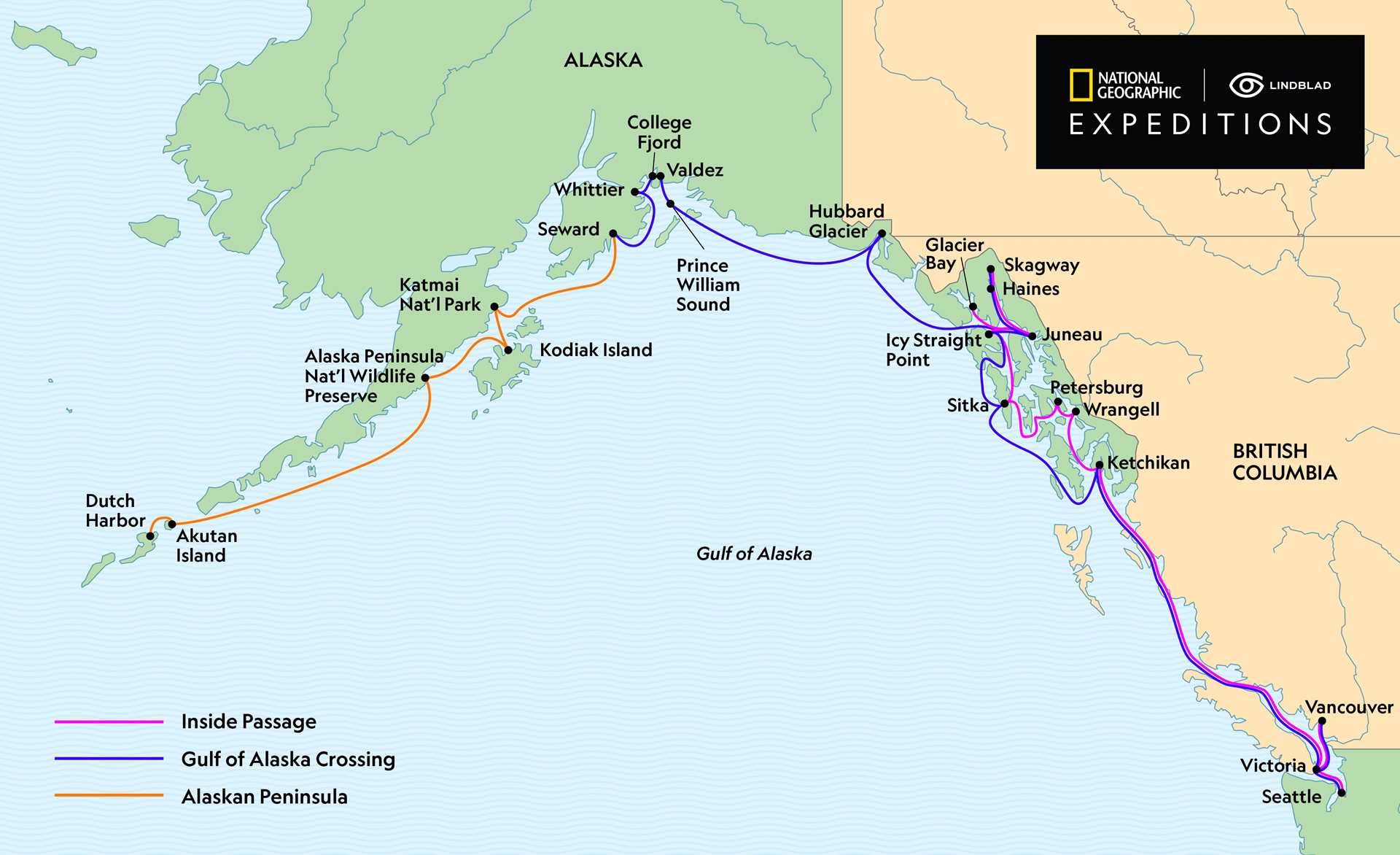 A National Geographic-Lindblad Expeditions cruise map of the Inside Passage, the Gulf of Alaska and the Alaskan Peninsula.  